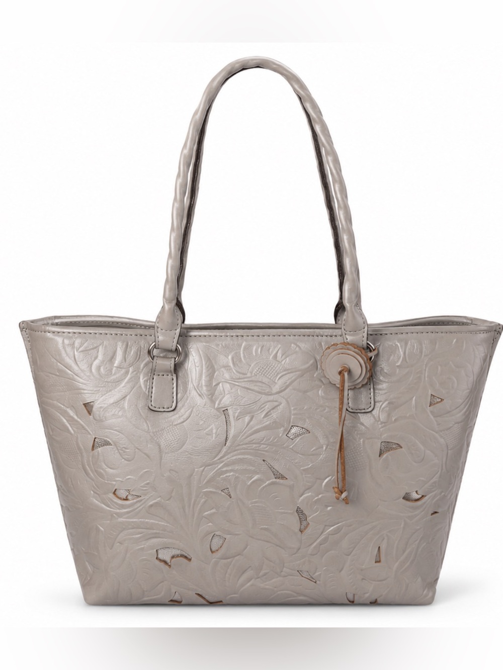 Patricia Nash Gray Tooled Leather Tote Floral Cutout Braided Shoulder Bag